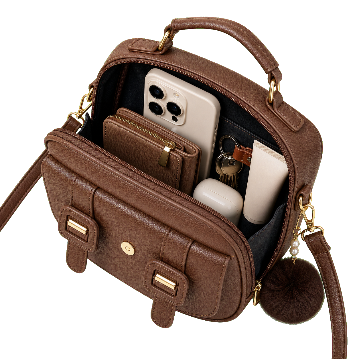 Bolsa feminina aberta com celular, carteira, fone e chaves