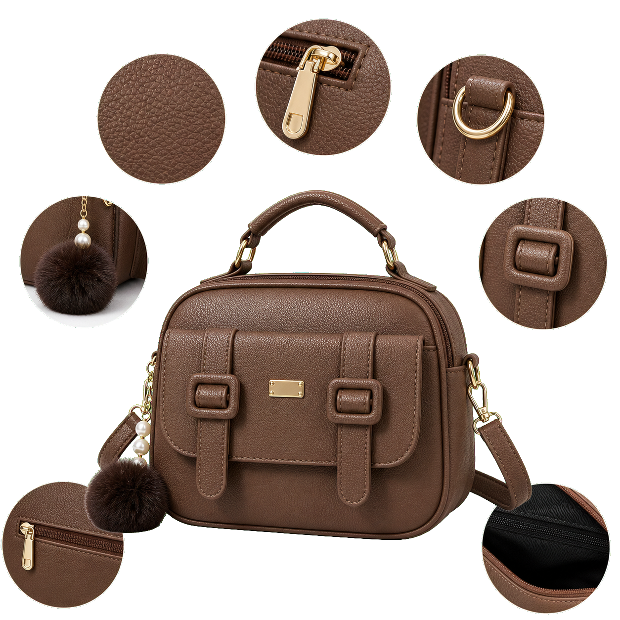 Detalhes da bolsa feminina com textura, zíper e ferragens